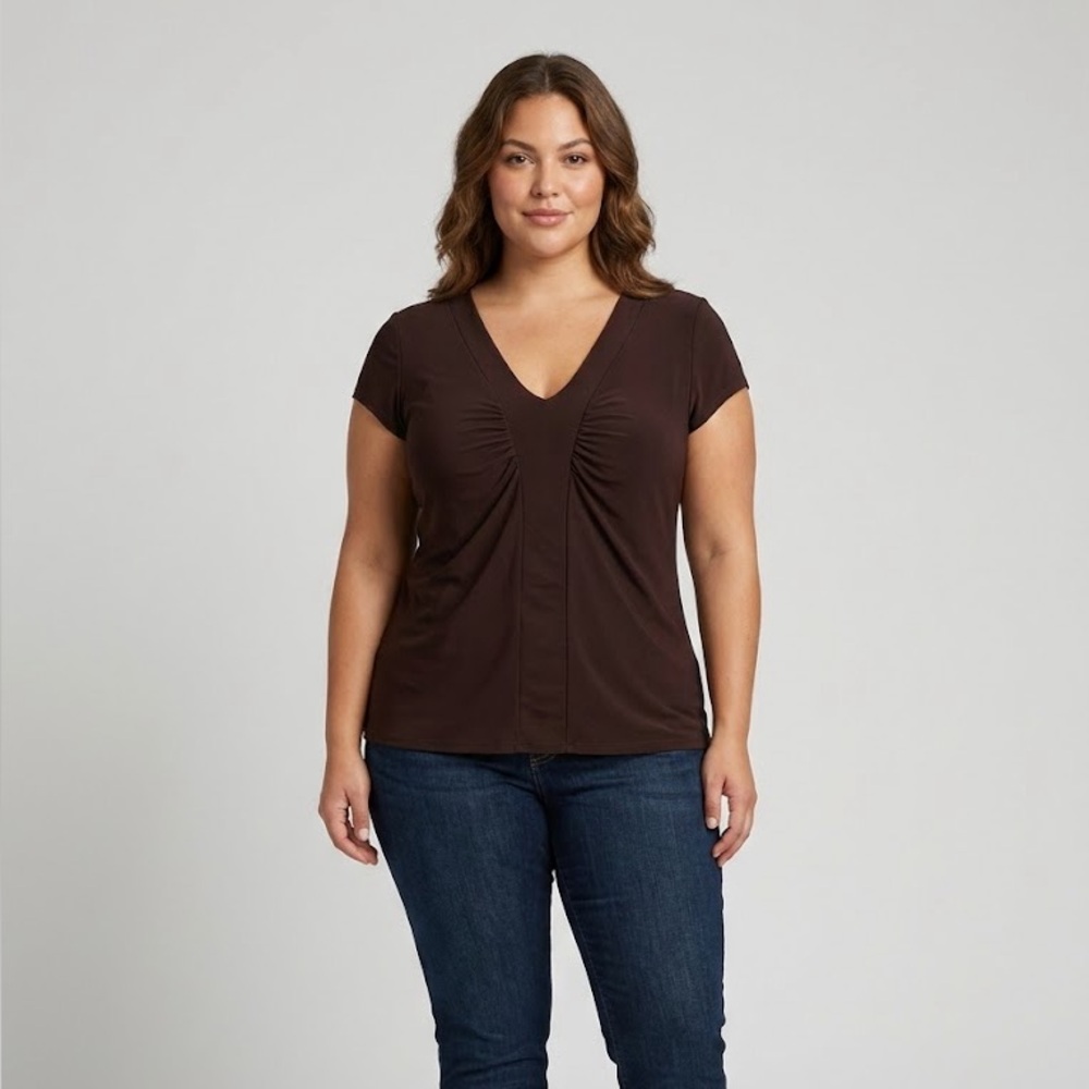 Susan Lawrence Chocolate Brown Ruched V-Neck Top | Size XL